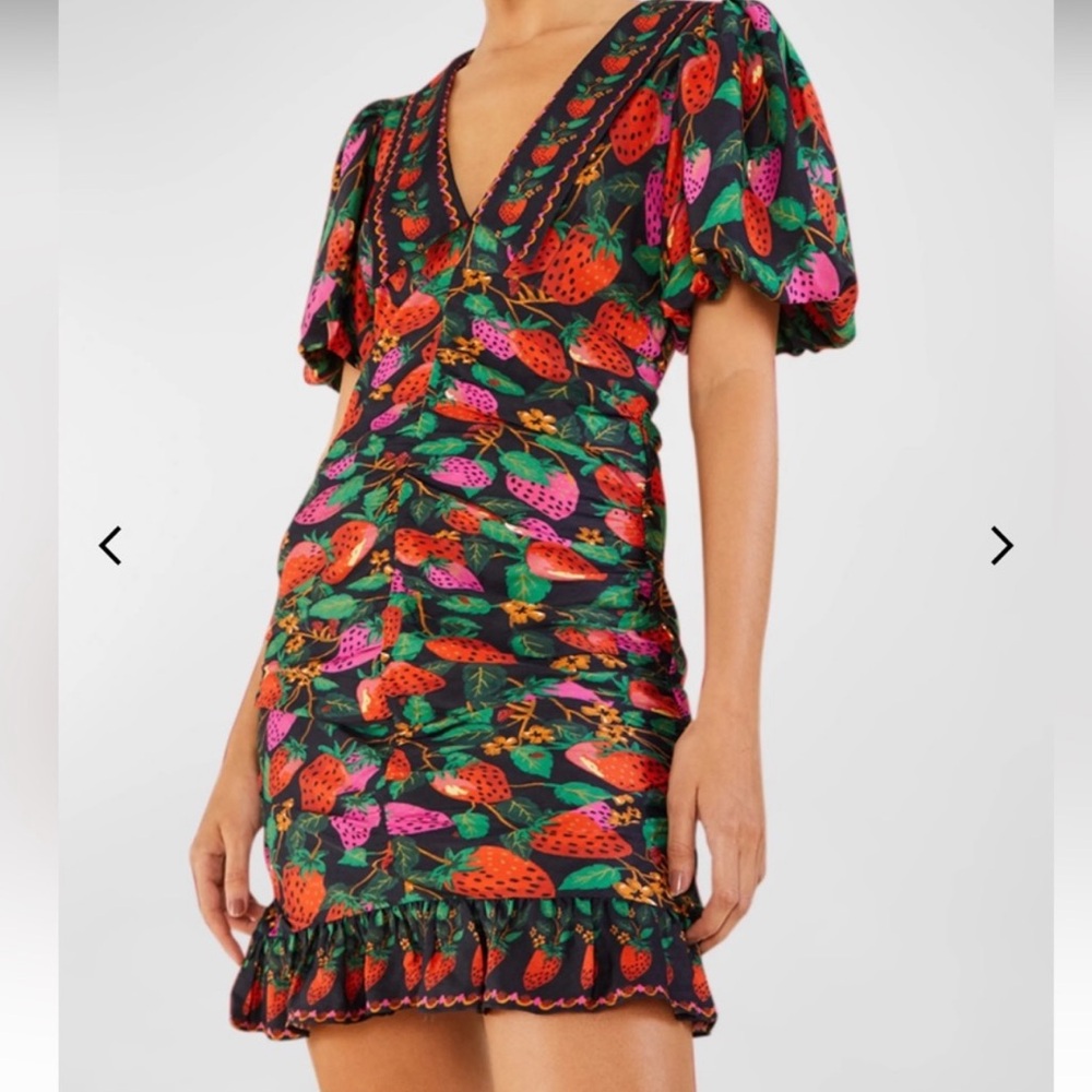 Farm Rio Lady Strawberry Puff-Sleeve Mini
Dress XS